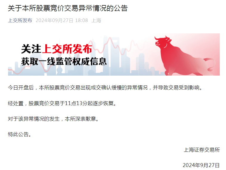 上交所：對今日股票競價交易異常情況的發生深表歉意